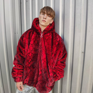 Luxury snake jacket faux fur python print bomber handmade fluffy catwalk fleece puffer premium grunge hooded coat in red black