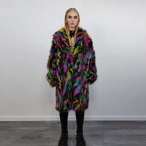 Faux fur long striped neon coat zebra trench raver bomber fluffy tie-dye winter fleece festival jacket burning man going out coat black pink