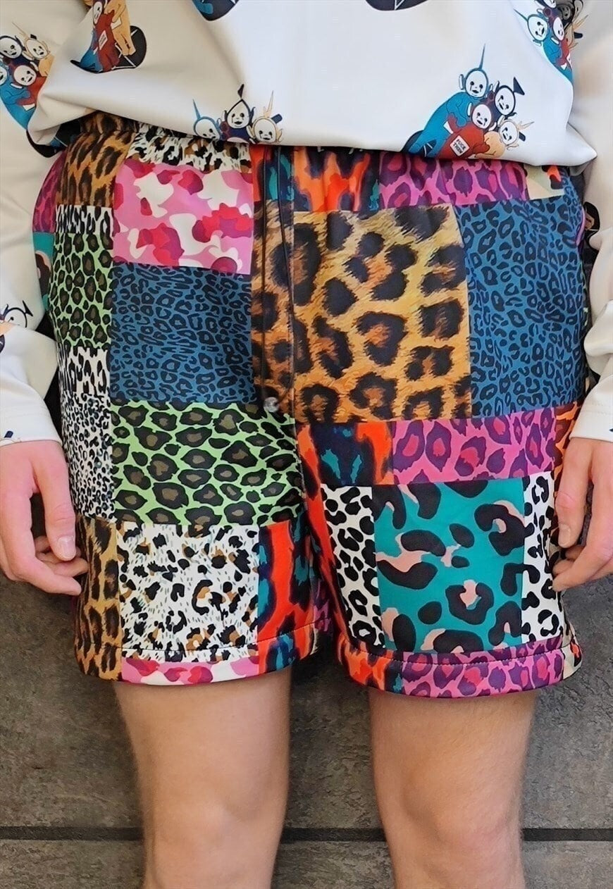 Leopard shorts handmade animal print overalls in blue brown