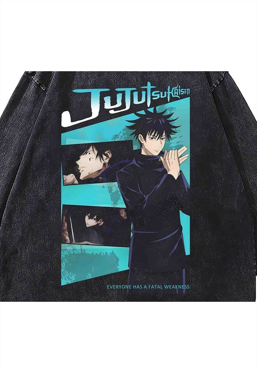 Jujutsu t-shirt vintage wash anime top long Kaisen tee grey