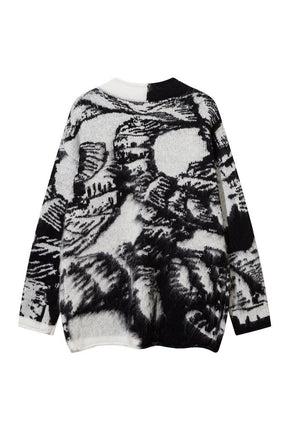 Mountain print cardigan fuzzy jumper fluffy grunge top black