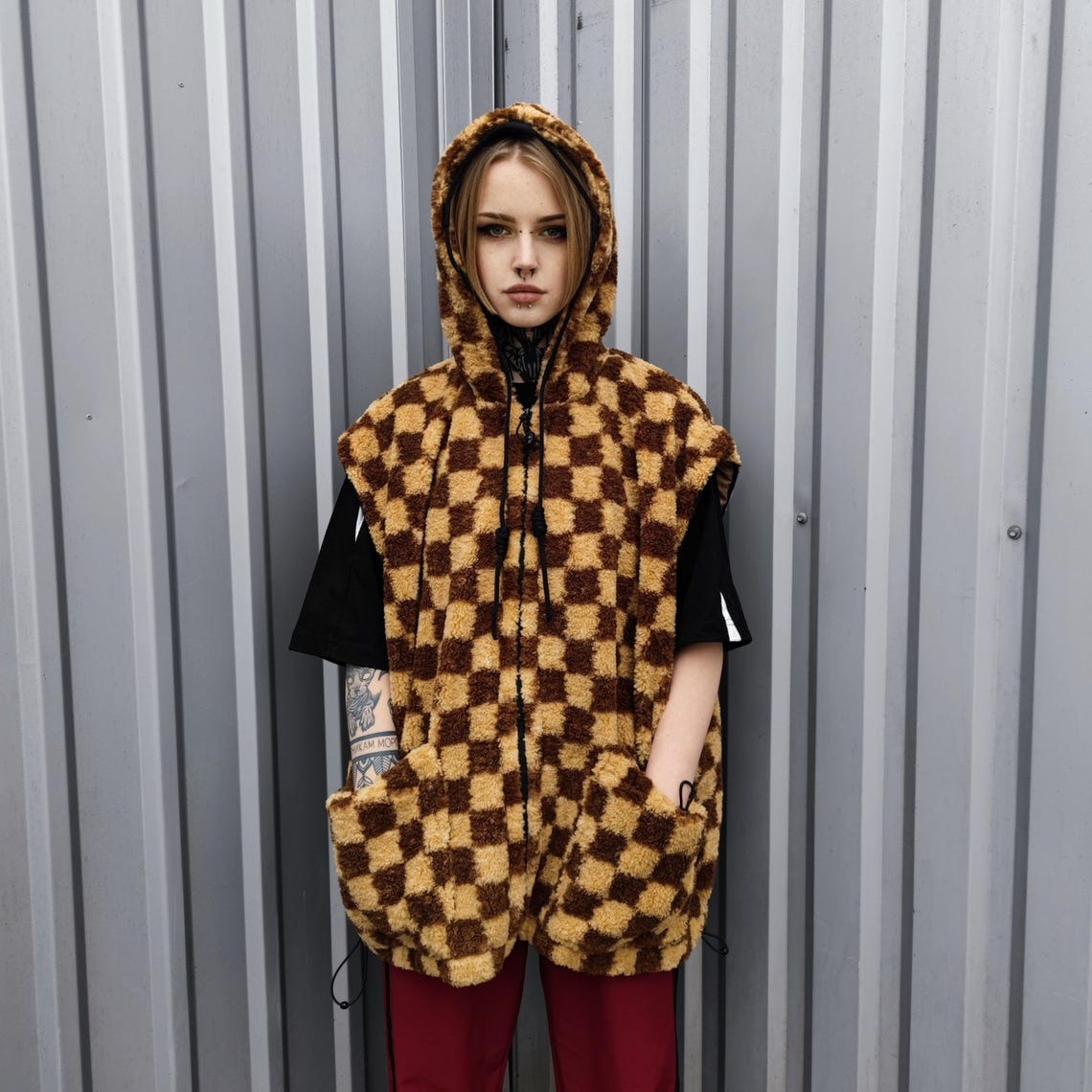 Checked fleece jacket brown hooded geometric bomber plaid grunge coat detachable sleeves handmade check pattern overcoat fuzzy festival set