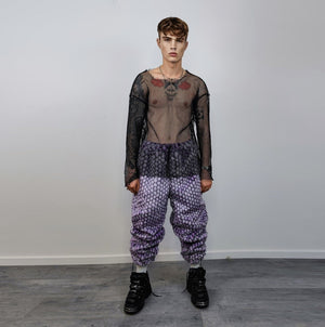 Checked faux fur joggers geometric raver pants fluffy winter trousers skiing fleece overalls festival bottoms neon burning man pants purple