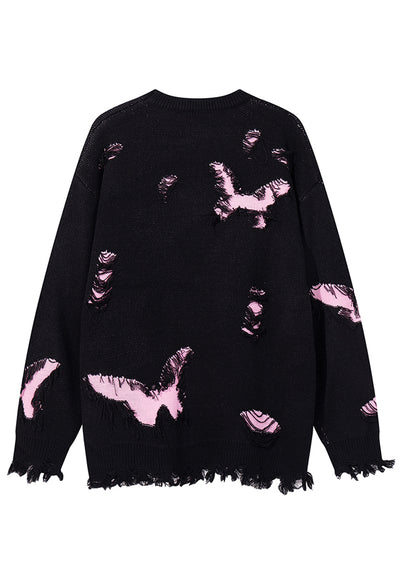 Ripped gothic sweater shredded butterfly pattern jumper grey