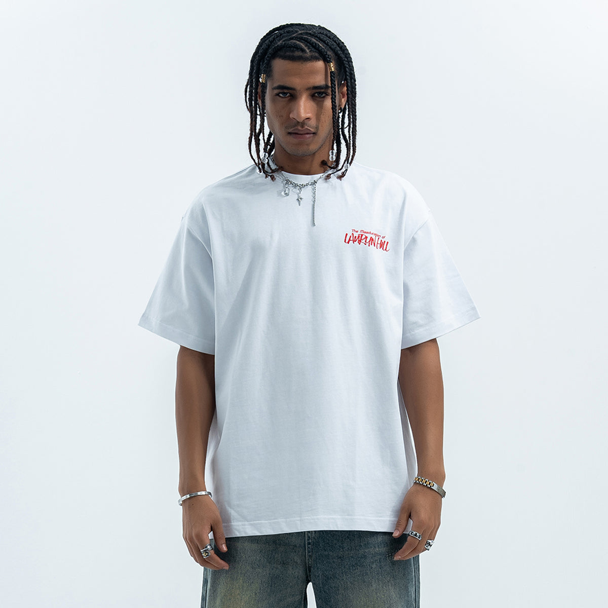 Retro movie t-shirt old cartoon top pistol print tee hip-hop jumper in White