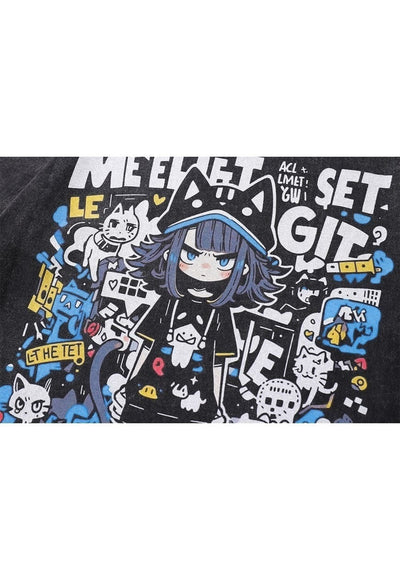 Anime t-shirt Kawaii tee Japanese cartoon top vintage grey