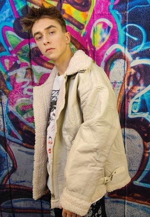 Fleece lined aviator jacket creased biker bomber off white