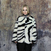 Zebra faux fur coat fluffy striped trench jacket short shaggy animal print bomber festival varsity party fleece peacoat catwalk duffle white