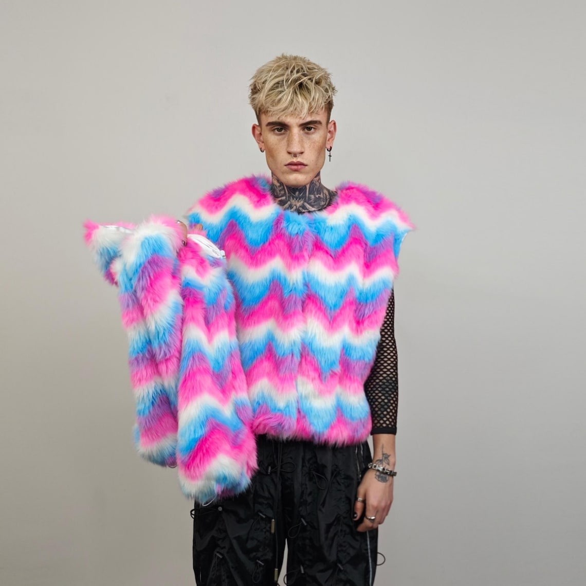 Pink faux fur coat short striped collarless jacket unicorn trench fluffy detachable sleeves handmade festival overcoat burning man fleece