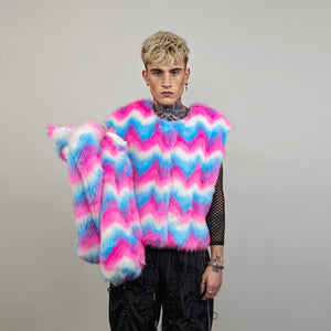 Pink faux fur coat short striped collarless jacket unicorn trench fluffy detachable sleeves handmade festival overcoat burning man fleece