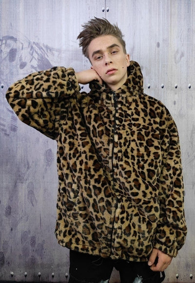 Leopard fleece jacket in brown animal print hooded bomber