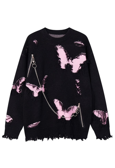 Ripped goth sweater shredded butterfly pattern chain jumper