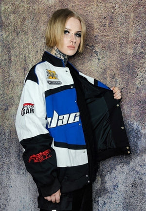 Racer jacket multi patch padded motorcycle bomber in blue