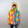 Hooded rainbow fur jacket unicorn bomber neon raver puffer fluffy tie-dye fleece psychedelic festival coat burning man party trench orange