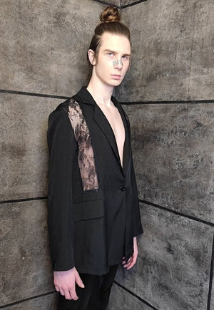 Transparent mesh blazer reworked see-through jacket in black