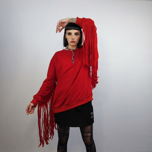 Cowboy sweatshirt tassels jumper Wild West top boho catwalk top going out long sleeve gothic sweat fancy dress sweater in red