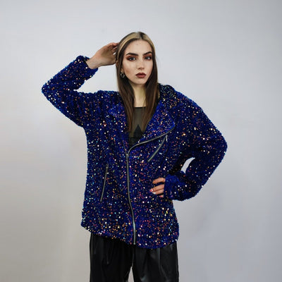 Sequin biker jacket purple blue glitter bomber sparkle night club coat party blazer glam rock overcoat fancy dress embellished going out top