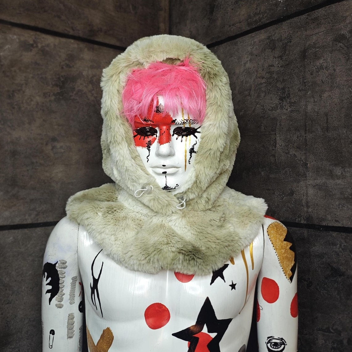 Faux fur hood pink orange snood handmade hooded hat luminous cap all over fluffy fleece scarf unisex bucket grunge winter festival headwear