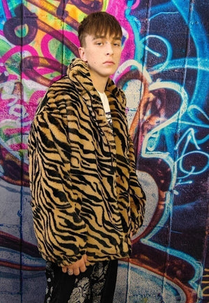 Zebra fleece jacket in brown animal print stripe bomber