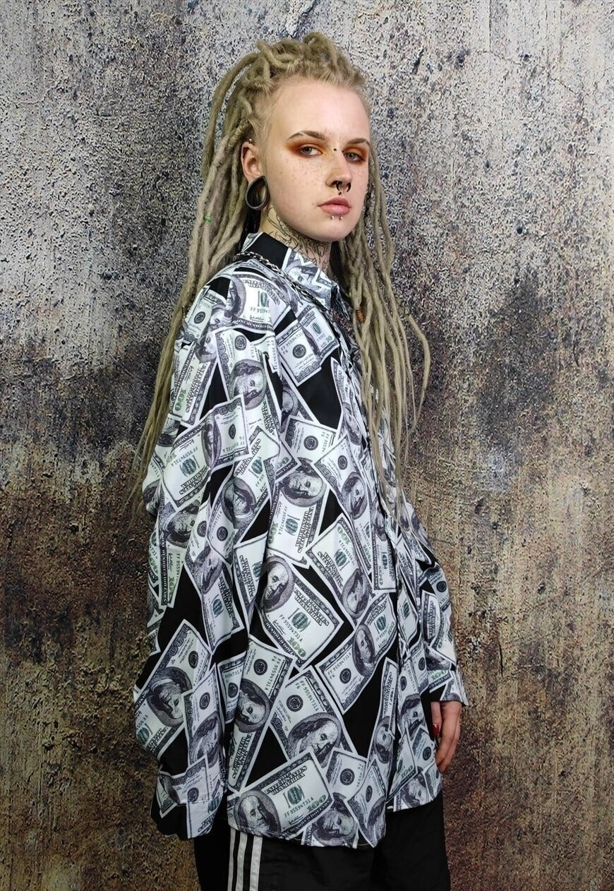 Dollar shirt money print long sleeve top in white black