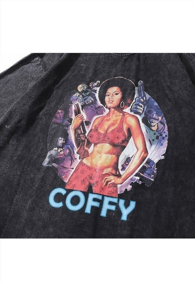 Coffy movie t-shirt retro hero tee top in vintage wash grey