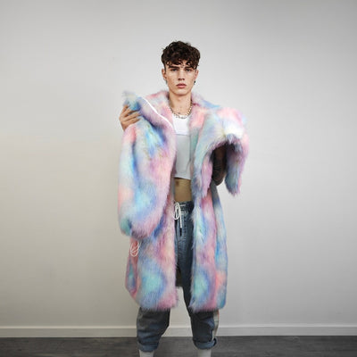 Tie-dye coat faux fur pastel pink shaggy trench abstract pattern overcoat watercolor bomber detachable festival jacket rainbow peacoat blue