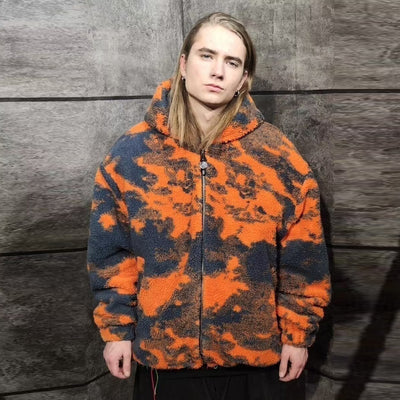 Tie-dye fleece bomber handmade gradient hood jacket orange