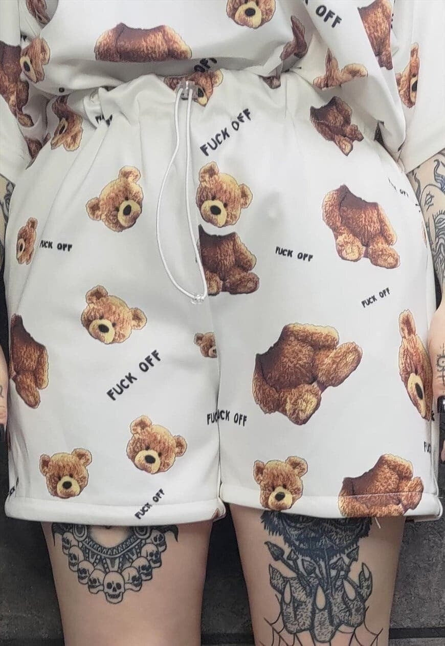 Teddy bear shorts handmade animal print overalls in cream