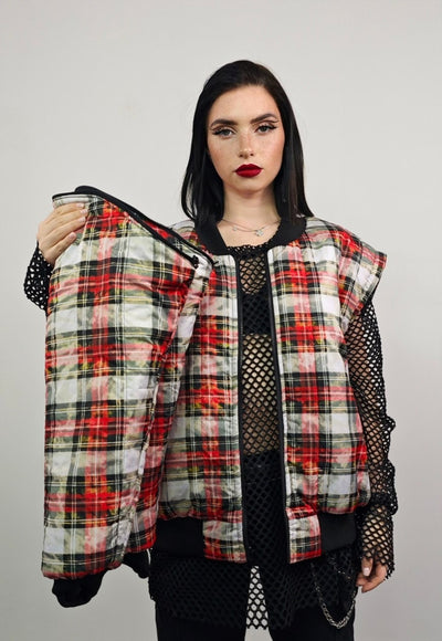 Tartan check varsity jacket red tie-dye reversible bomber