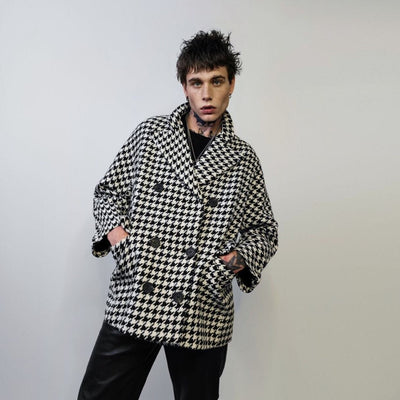 Houndstooth jacket Chequerboard outdoor blazer SKA aviator chess pattern coat dogtooth double breasted pea coat in black and white