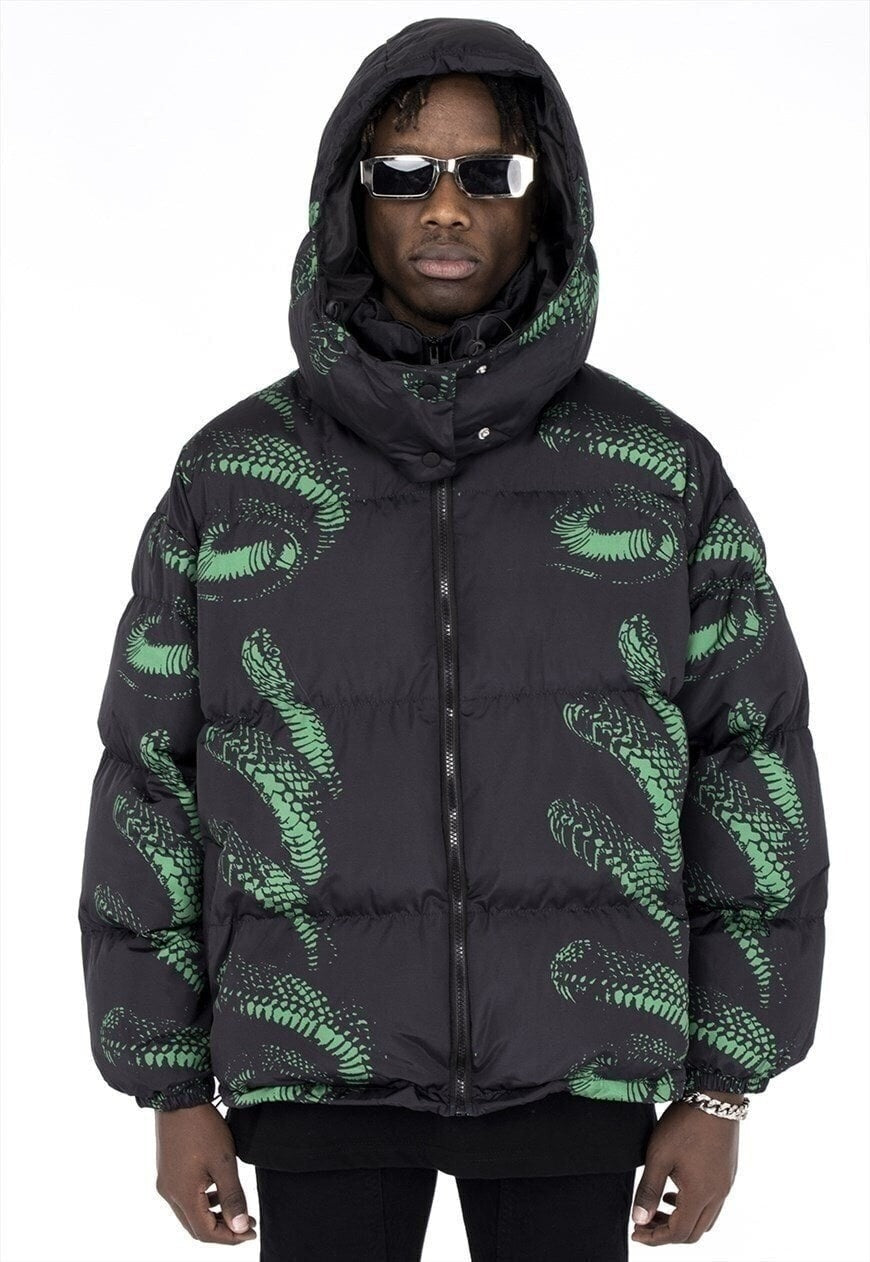 Cobra print bomber jacket Snake high neck puffer in black