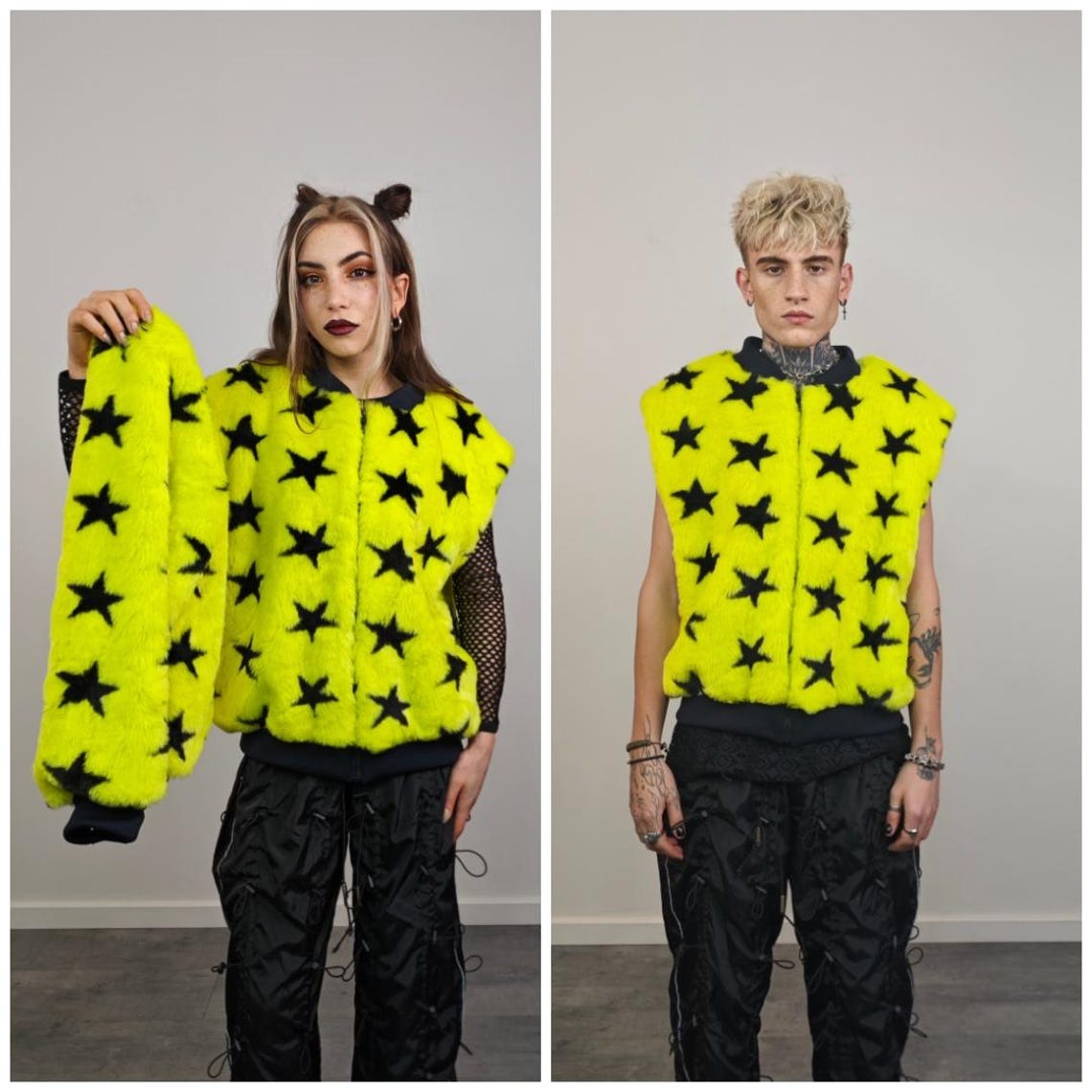 Star print varsity jacket yellow faux fur short coat college fleece bomber geometric jacket detachable sleeves party overcoat festival set