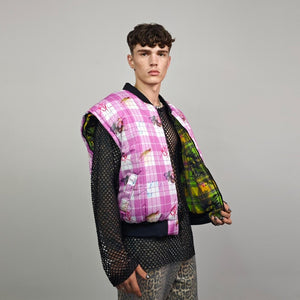 Punk bomber pink check plaid jacket anarchy sign reversible college varsity detachable sleeves handmade grunge doll print festival rave coat