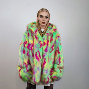 Hooded faux fur jacket psychedelic coat shaggy trench bright raver bomber fluffy fleece festival jacket neon burning man overcoat green pink