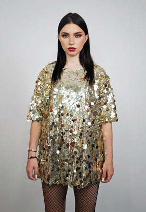 Gold sequin top luxury embellished tee embroidered t-shirt