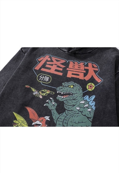 Dragon hoodie monster print pullover King Kong jumper grey