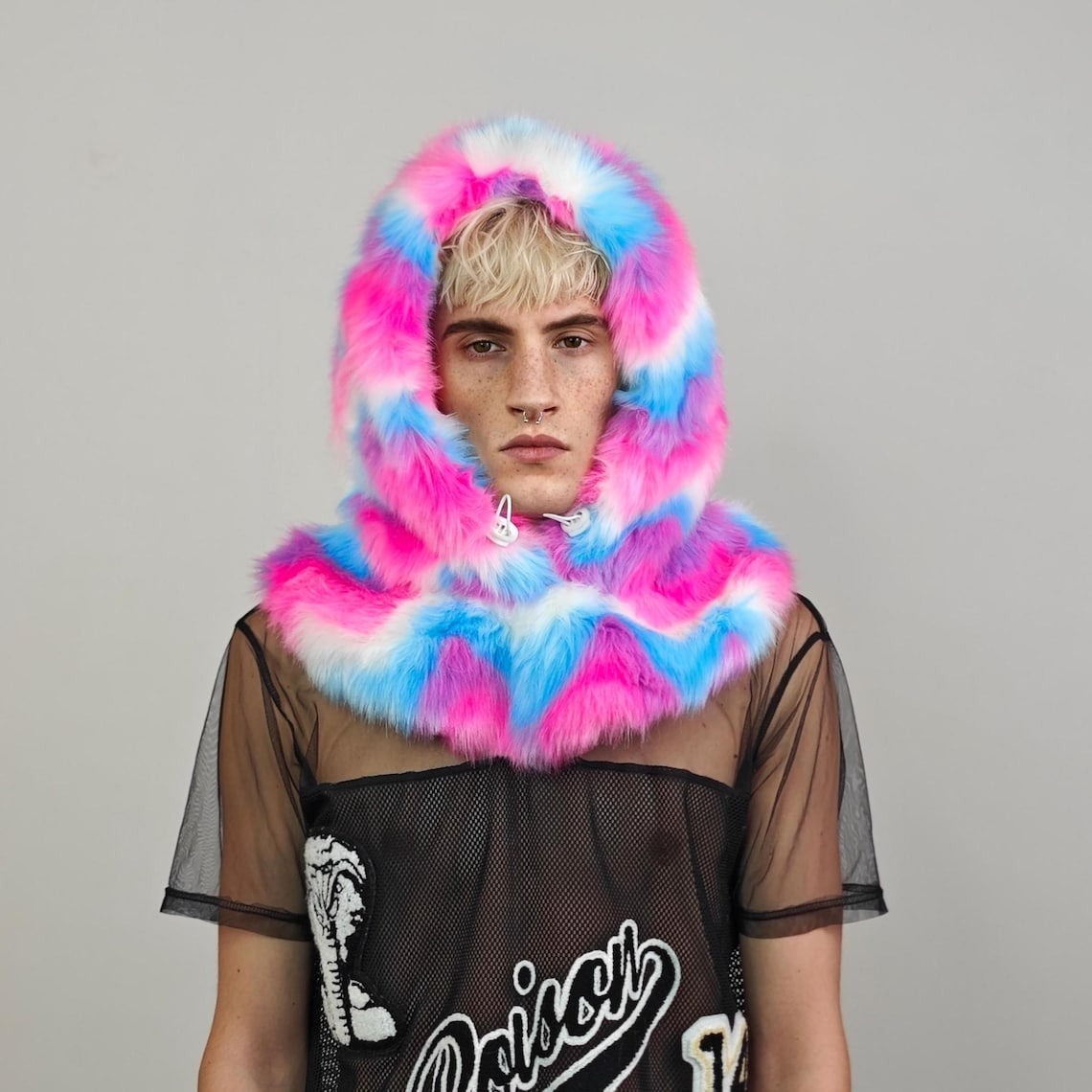 Pink faux fur hood rainbow snood handmade hooded party hat all over fluffy rave fleece scarf burning man striped bucket unicorn headwear