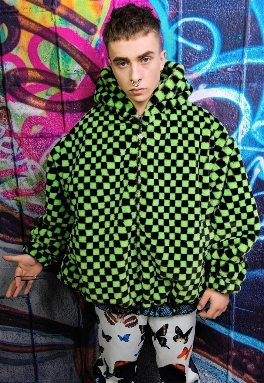 Checkerboard fleece jacket detachable check jacket in green