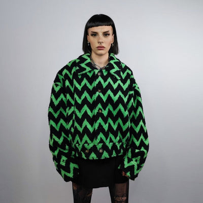 Striped fleece jacket zigzag catwalk bomber geometric fluffy varsity contrast pattern aviator hard fleece grunge coat in black & green