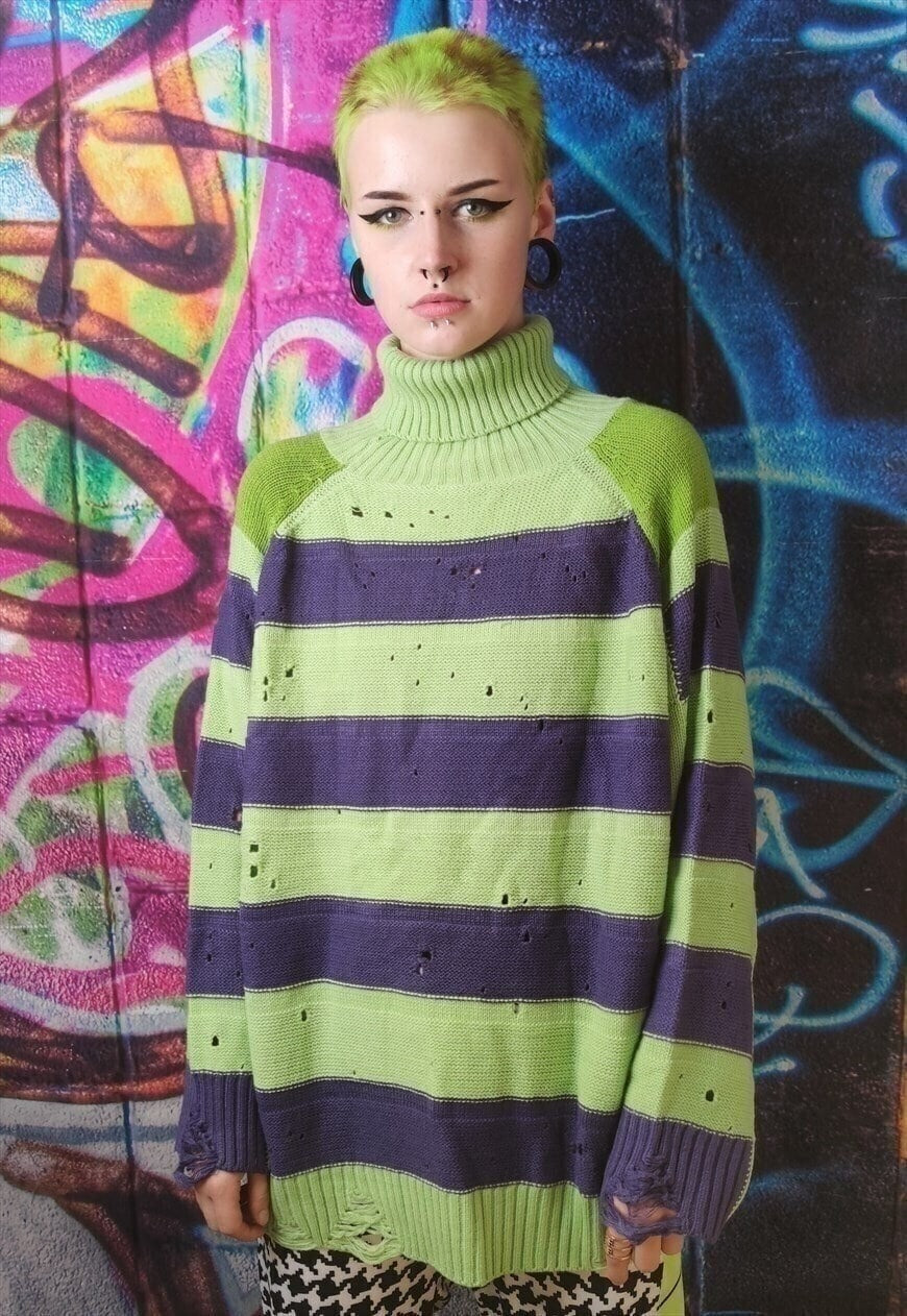 Ripped stripe sweater Zigzag jumper in acid green and purple