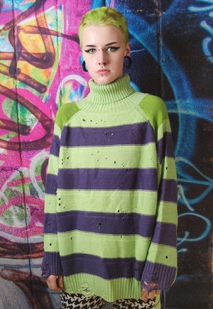Ripped stripe sweater Zigzag jumper in acid green and purple