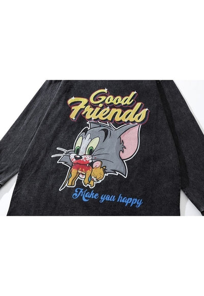 Cartoon t-shirt cat & mouse long sleeve tee in acid black