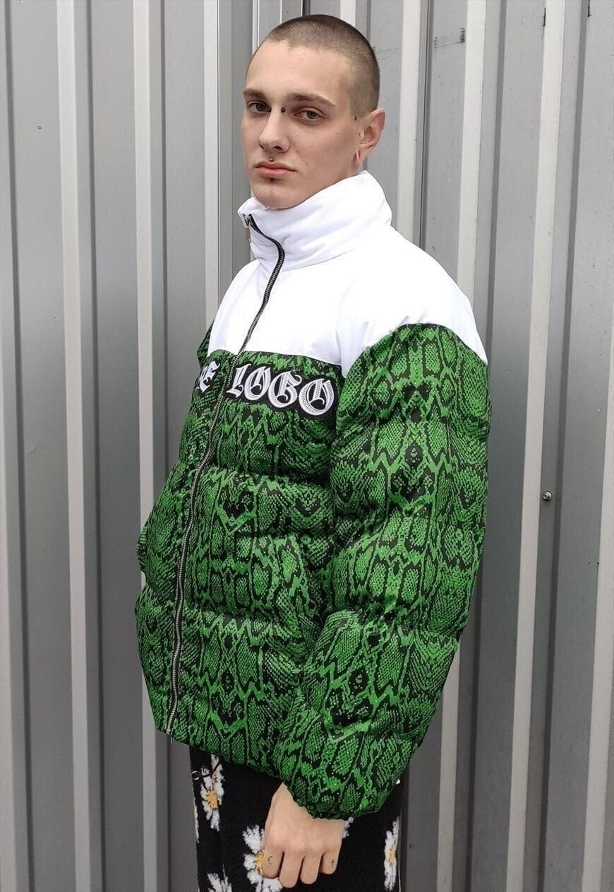 Snake print bomber python puffer rave jacket in green white