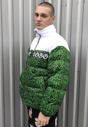 Snake print bomber python puffer rave jacket in green white