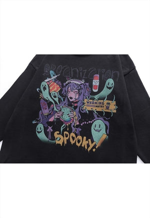 Anime sweater spooky jumper ripped knitted Kawaii top black