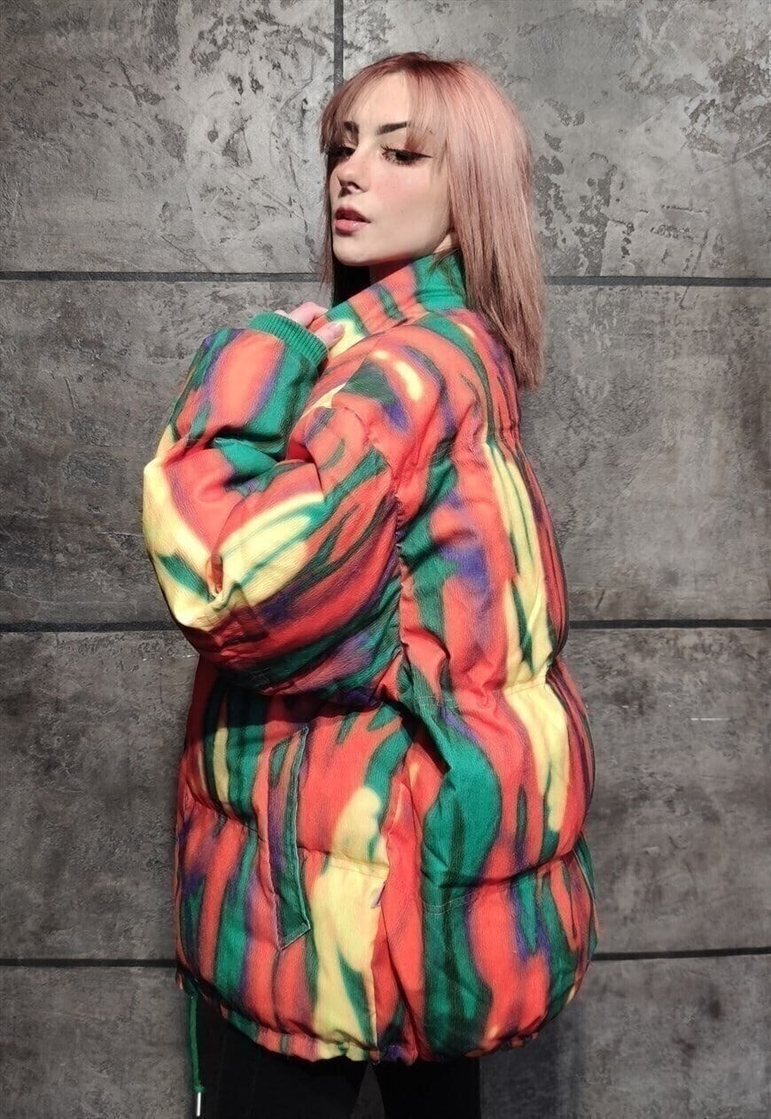 Tie-dye corduroy flame bomber space puffer jacket orange