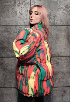 Tie-dye corduroy flame bomber space puffer jacket orange