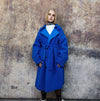 Cobalt blue fleece coat neon trench double breasted festival jacket going our rave mac fluffy preppy overcoat Smurf poncho in bright blue