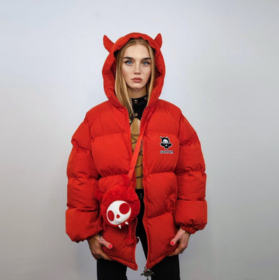 Devil horn hooded jacket skeleton embroidery bomber quilted Gothic puffer wide fit jacket grunge detachable anime varsity in red