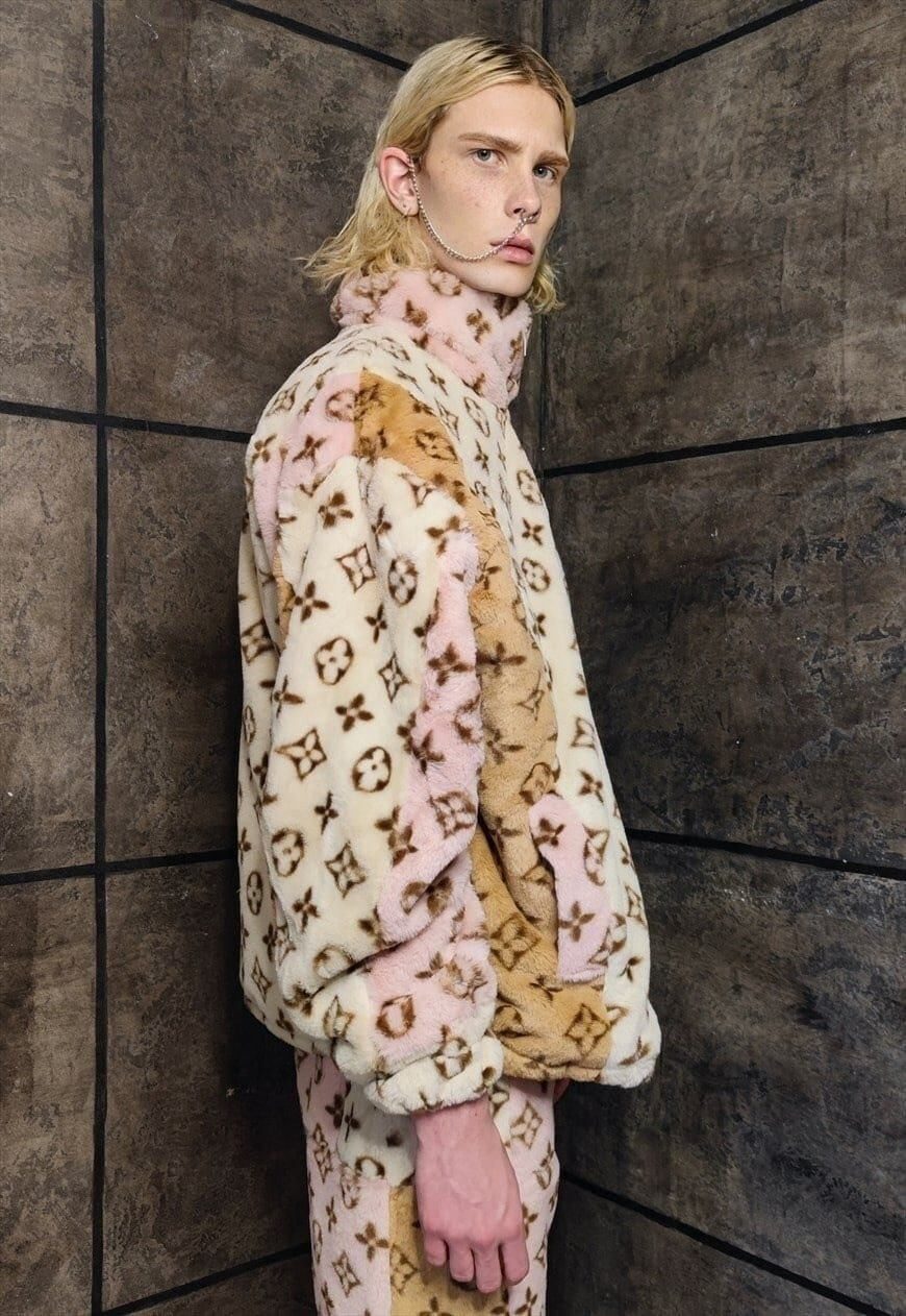 LV fleece jacket reworked faux fur fluffy bomber cream
